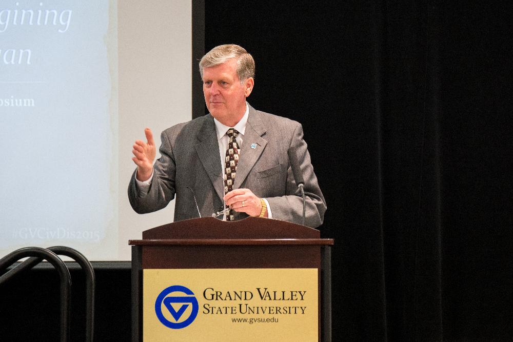 Grand Valley's Fourth President, Thomas J. Haas presenting at Symposium